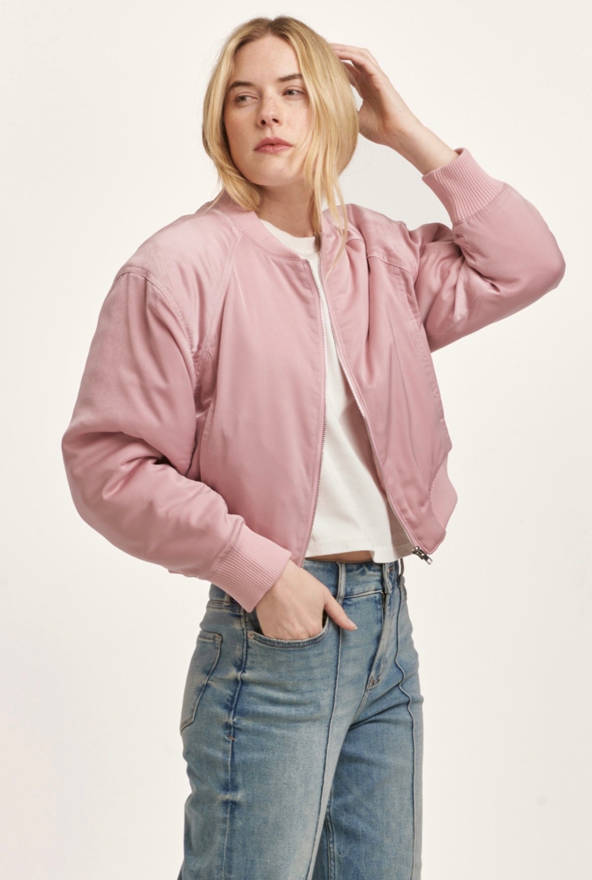 Samaria Pink Satin Bomber Jacket