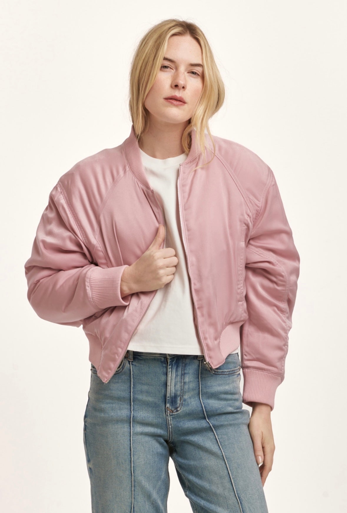 Samaria Pink Satin Bomber Jacket